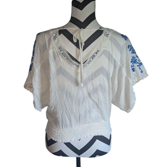 Self Esteem Embroidered Peasant Blouse M White Blue Floral Boho Smocked - Picture 6 of 6